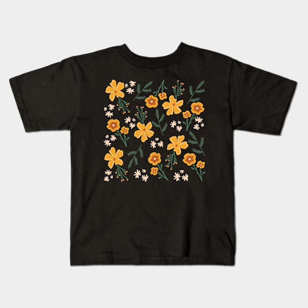 Yellow wildflowers exotic flowers pattern on black background Kids T-Shirt by CuTeGirL21